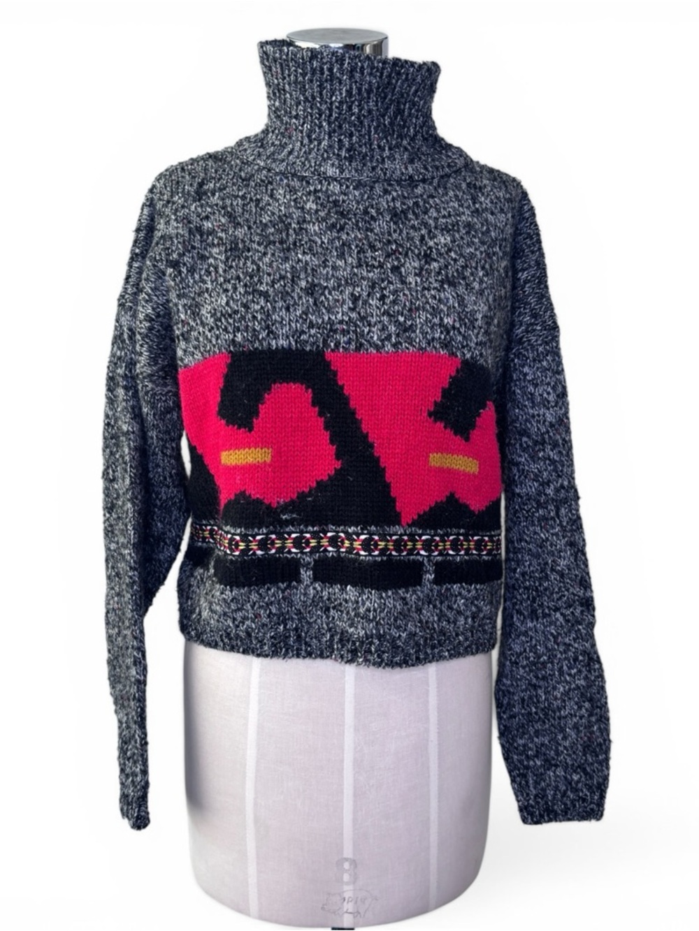 Vintage Black, Gray and Red Geometric Abstract Turtleneck Wool Sweater M